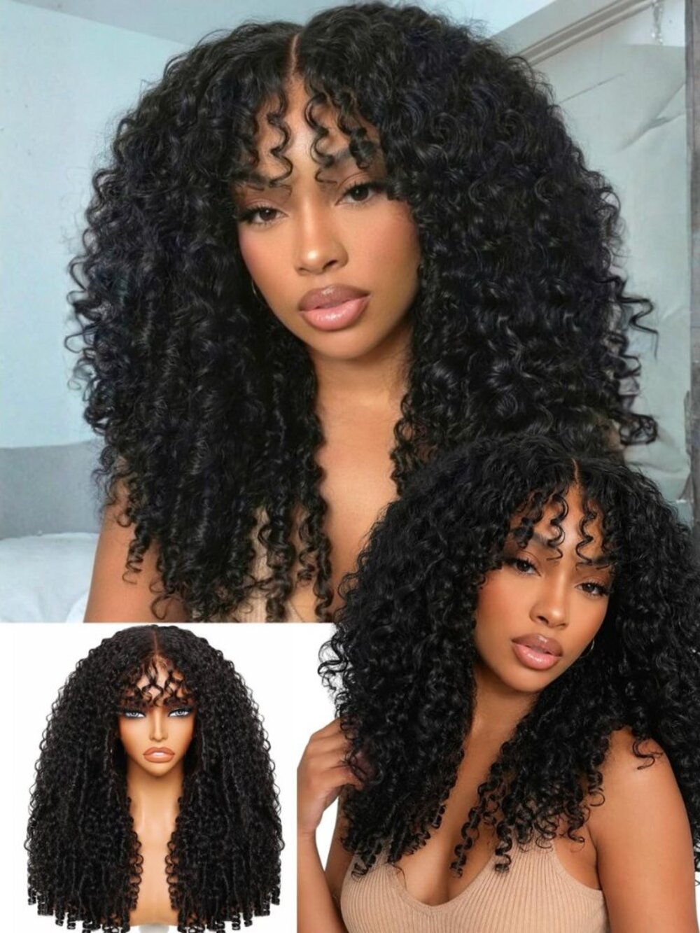 Bye Bye Knots Burmese Curly Wig Human Hair with Bangs, 7x5 Pre Cut Lace Glueless